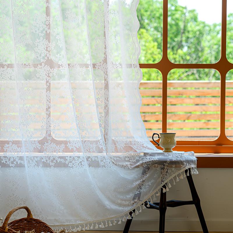 French Transparent Curtain Window Screen Hollow Lace Gauze Curtain Wavy Edge Fringed Bedroom Living Room Finished Product