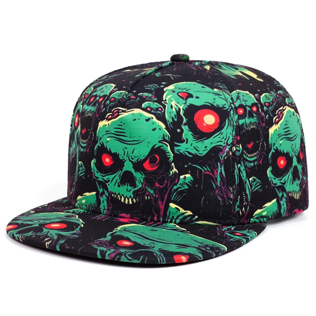 Printed Red Eyes Green Skull Colorful Zombie Skull Flat Brimmed Hat Unisex Hiphop Hat Baseball Cap Outdoor Casual Decorative Hat
