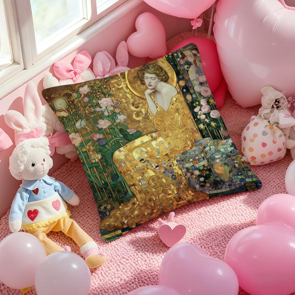 Gustav Klimt Oil Painting Cushion Cover Pattern Printed Pillowcase for Living Room Sofa Cushion Cover & Bedroom Decor