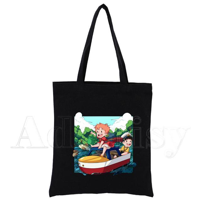 Ponyo Canvas Negru Geantă pentru cumpărături Geantă reutilizabilă din pânză de umăr Geantă de carte Cadou