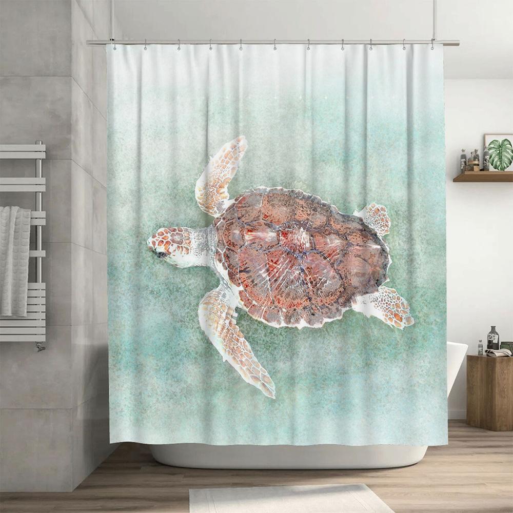 Watercolor Sea Turtle Shower Curtain Waterproof Home Decor Soft Fabric Bathroom Decorations Green White