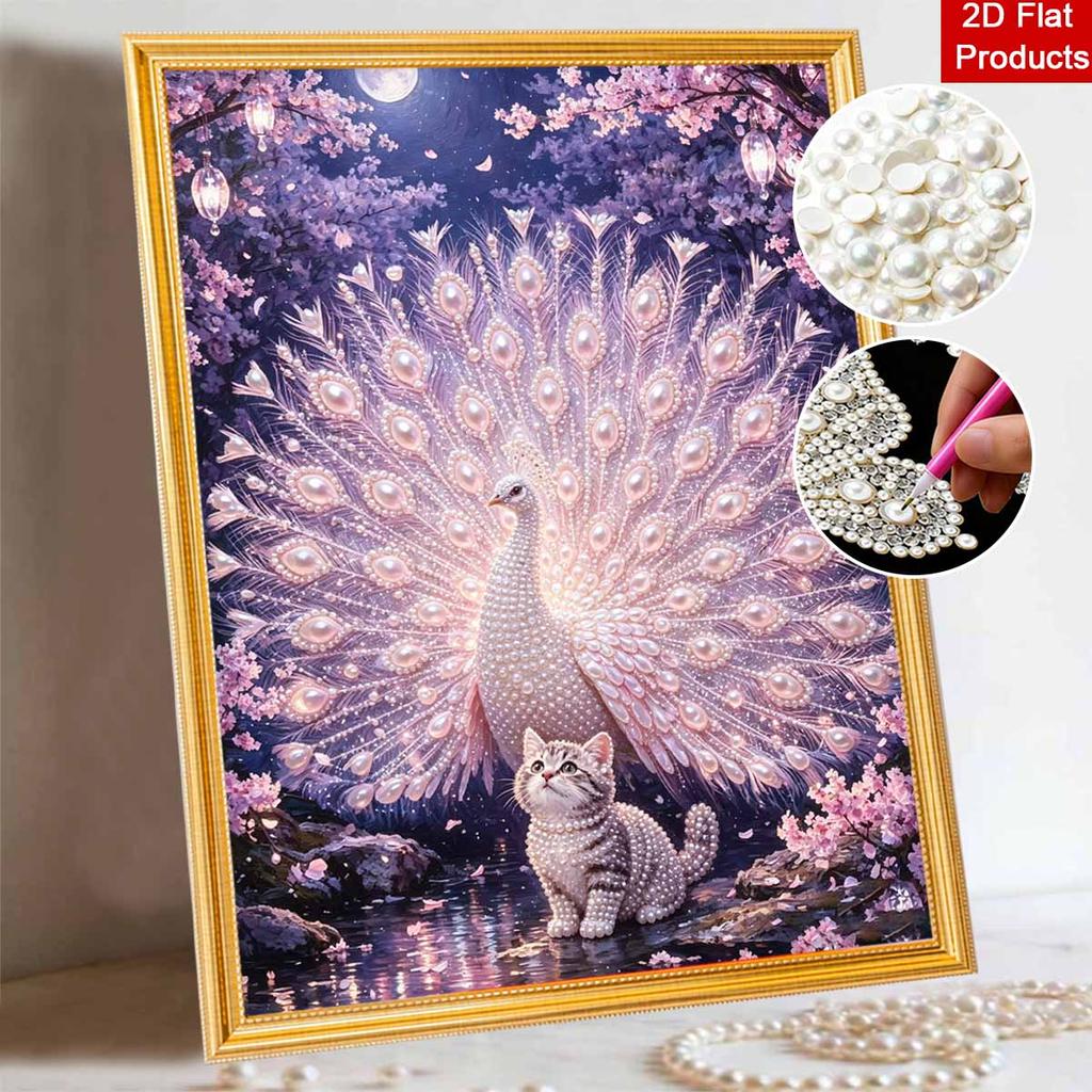DIY Framed Pearl Painting Kit Peacock Cat Pattern Sparkling Bead Canvas Creative Craft Gift for Women and Adults Home Decor Wall Art Project