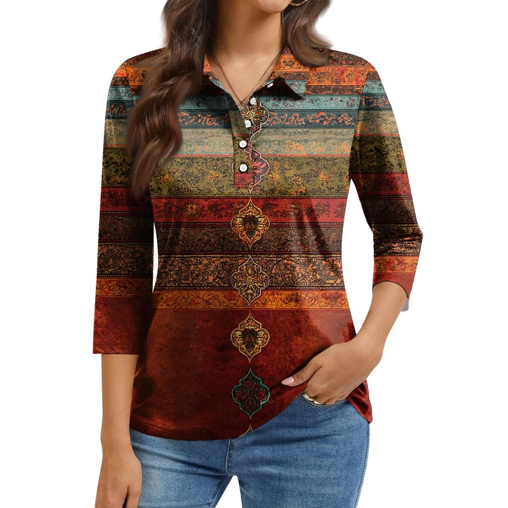 Women's Fashion Casual Lapel Short 3/4 Sleeve Print Shirt Women's Button Up Tops