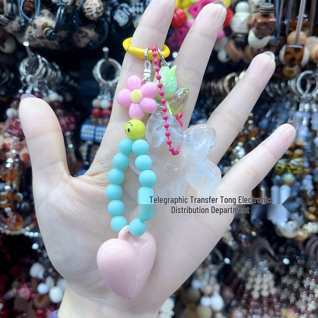 Korean Style Beaded Bow Heart Keychain & Phone Case Charm