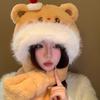 Cute Wind Cake Bear Plush Winter Hat Scarf Integrated Two-piece Set Showing Face Small Warm Ear Protector Lei Feng Hat