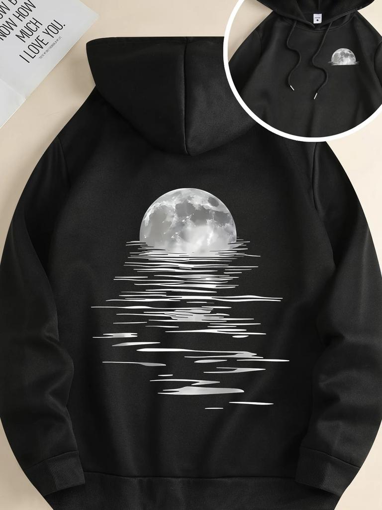 Minimalist Moon Water Reflection Graphic Men Hooded Sweatshirt Silver Full Moon Night Scene Print Loose Soft Hoodie Tops