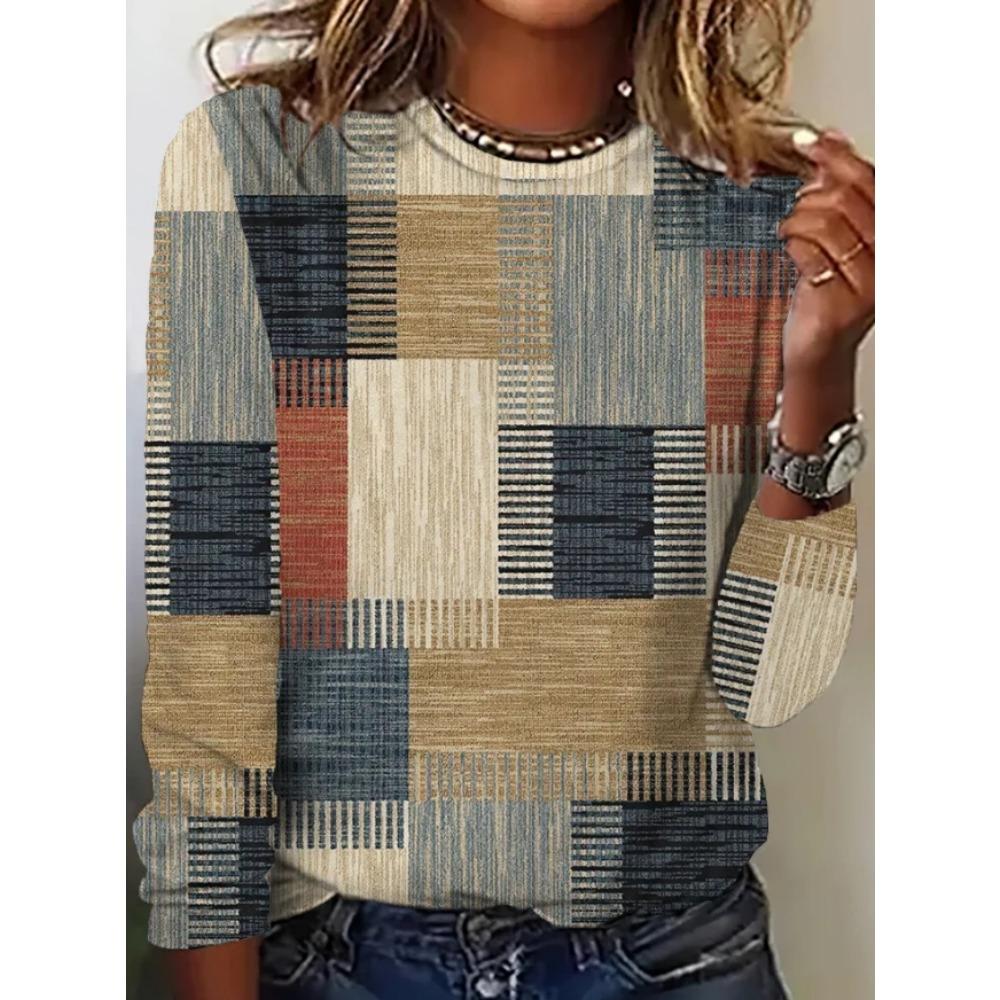 Ink Painting Printed Long Sleeved Round Neck T-shirt Top