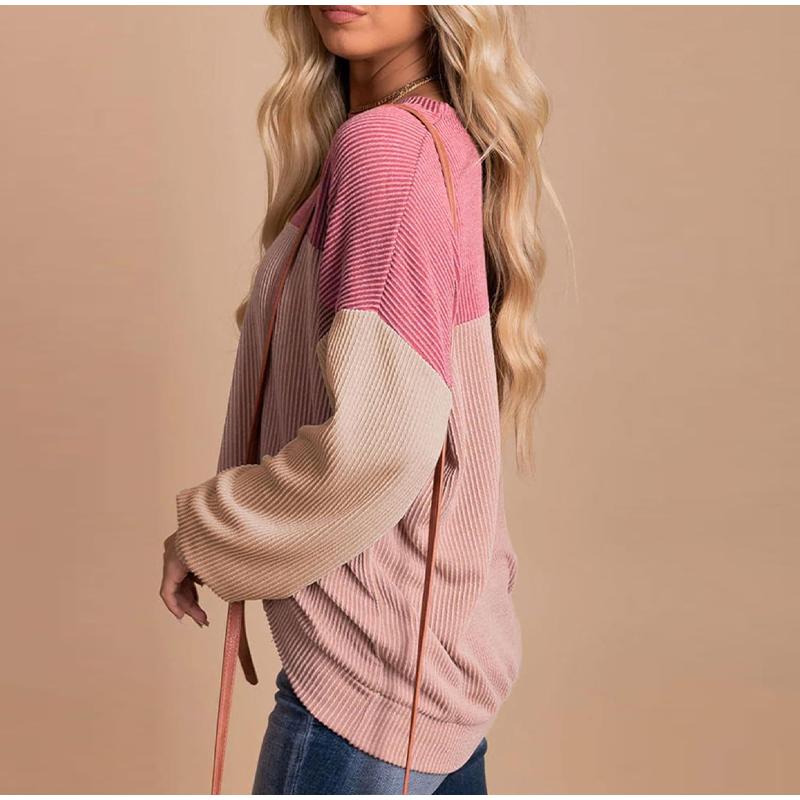 Women Fashion Color Block Long Sleeve O-neck Knitted Ribbed Casual Loose Pullovers