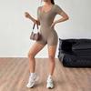 Mono Corto de Mujer de Manga Corta y Cuello Cuadrado, de Canalé, Liso, de Cintura Alta, Ajustado, de Alta Elasticidad, Bodysuit Casual
