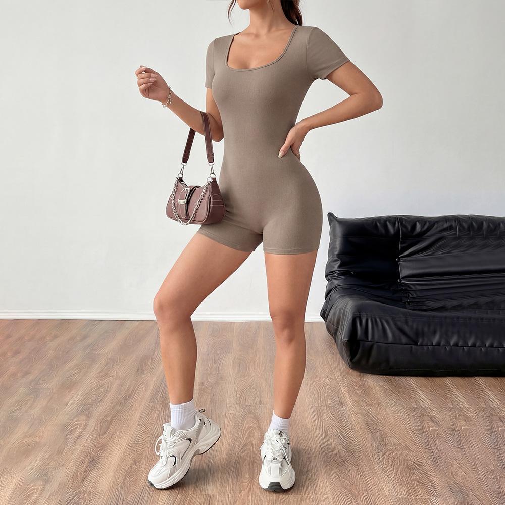 Mono Corto de Mujer de Manga Corta y Cuello Cuadrado, de Canalé, Liso, de Cintura Alta, Ajustado, de Alta Elasticidad, Bodysuit Casual