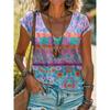 Summer Women's Casual Loose Fashion Digital Printed Multi-color V-neck Short Sleeved T-shirt