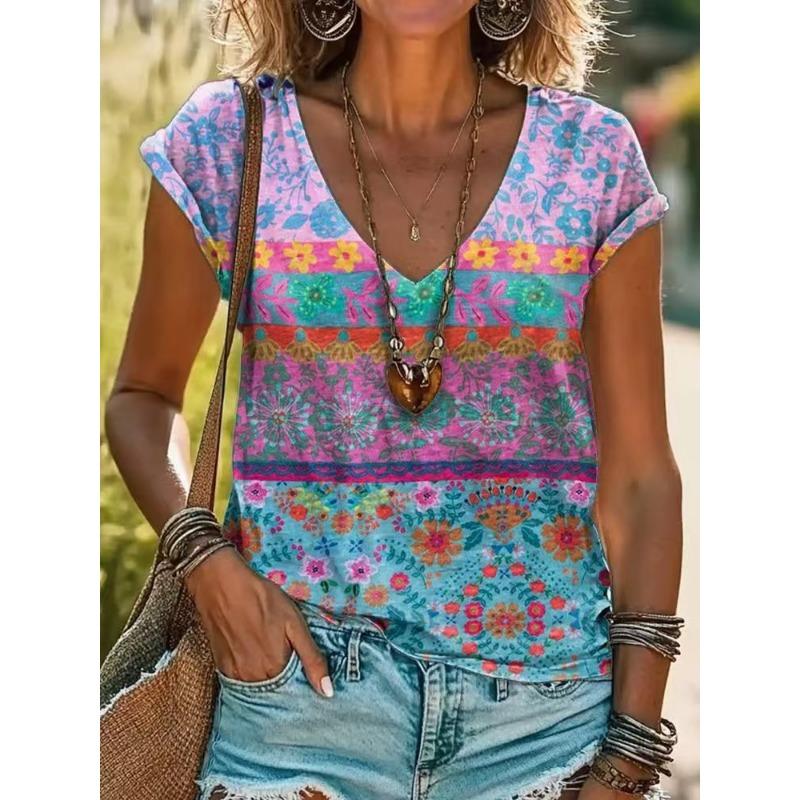 Summer Women's Casual Loose Fashion Digital Printed Multi-color V-neck Short Sleeved T-shirt