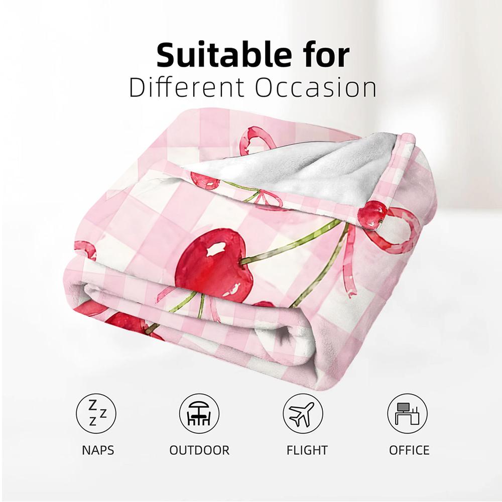 Pink Gingham Cherry Cartoon Anime Print Flannel Blanket Soft Warm Throw for Kids Bedroom Sofa Christmas Office Car