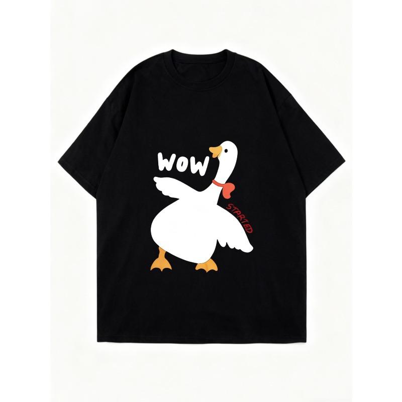 Oversized T-Shirt Black Duck Print With Wow Text Casual Wear For Women Summer Streetwear Fashion