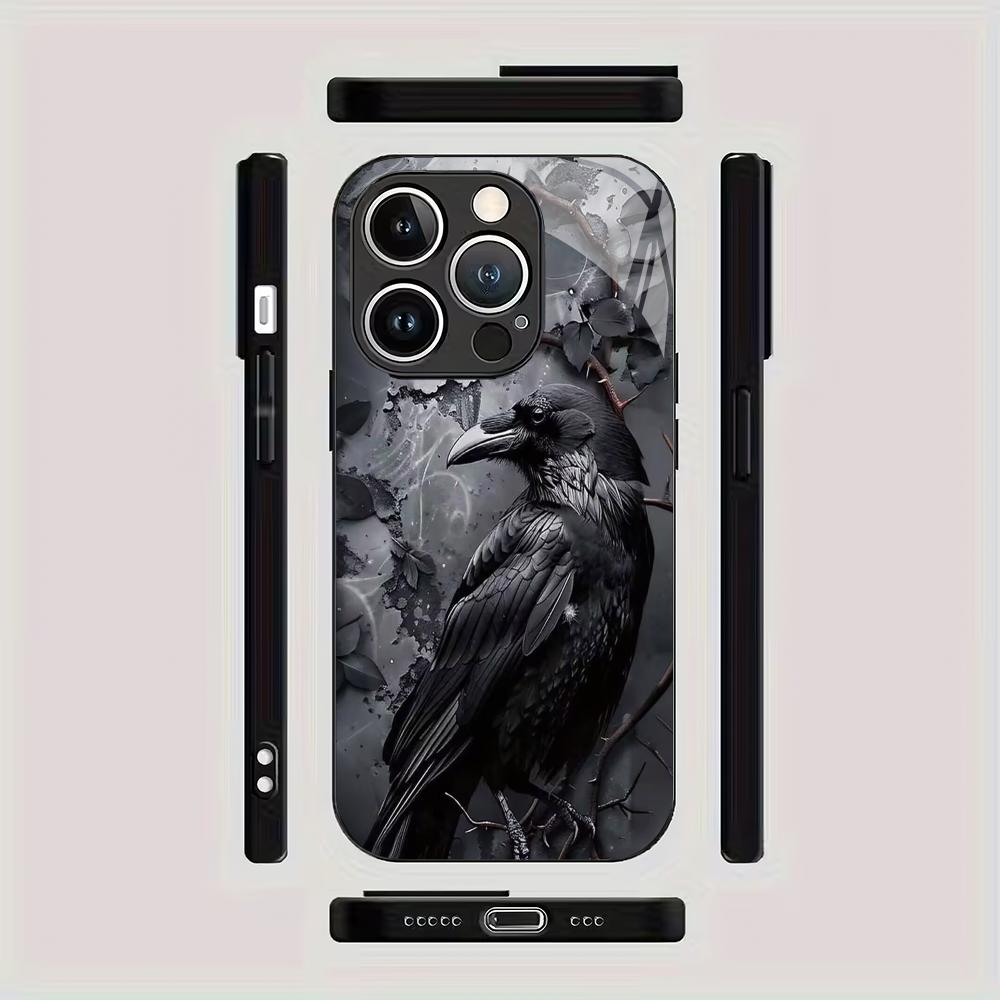 Crow pattern tempered glass mobile phone case suitable for iPhone 17/16/15/14/13/12/11Pro Max all-inclusive anti-fall back cover