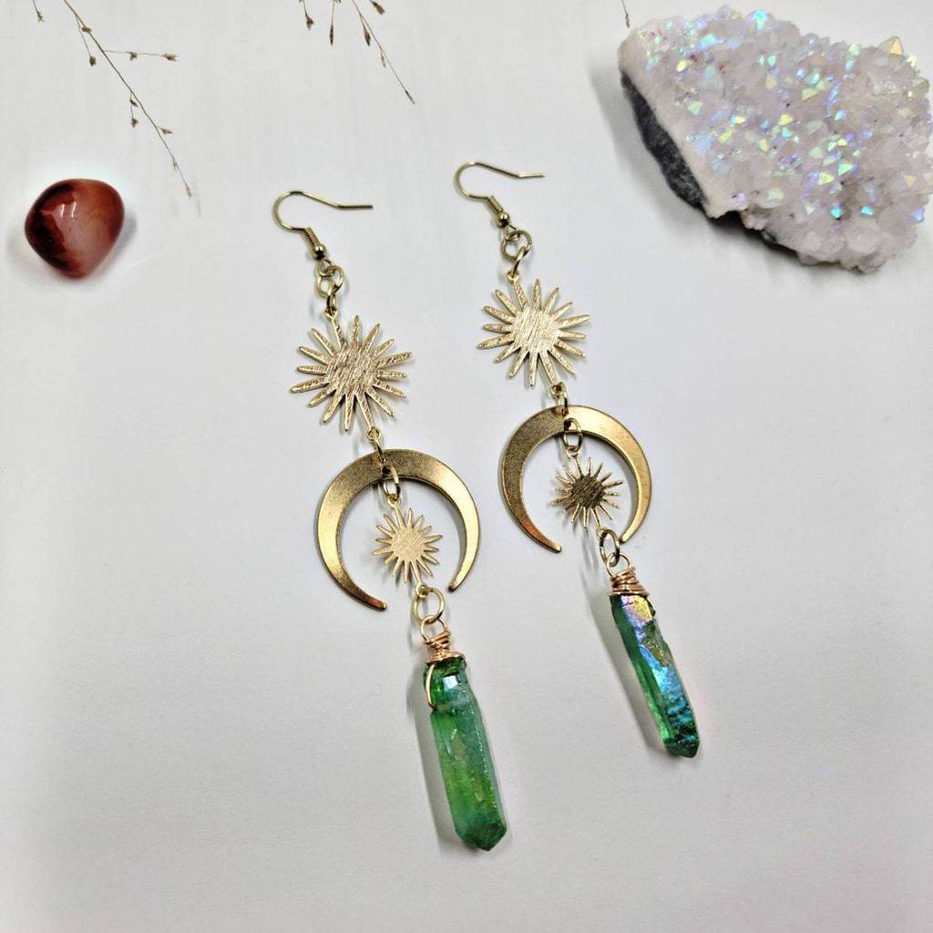 Quartz Crystal Moon And Sun Earrings In Alloy With Electroplated Finish For Stylish Men And Women