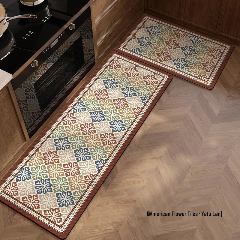 Retro American Diatom Mud Kitchen Floor Mat - Quick Dry, Water Absorbing, Non-Slip, Easy Clean, Long Strip Design.