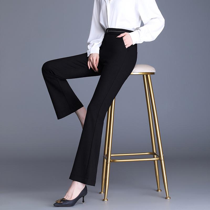 Women's Black Micro-Flare High-Waisted Elastic Pants, Slim Fit, Plus Size, Casual Spring/Autumn 2025.