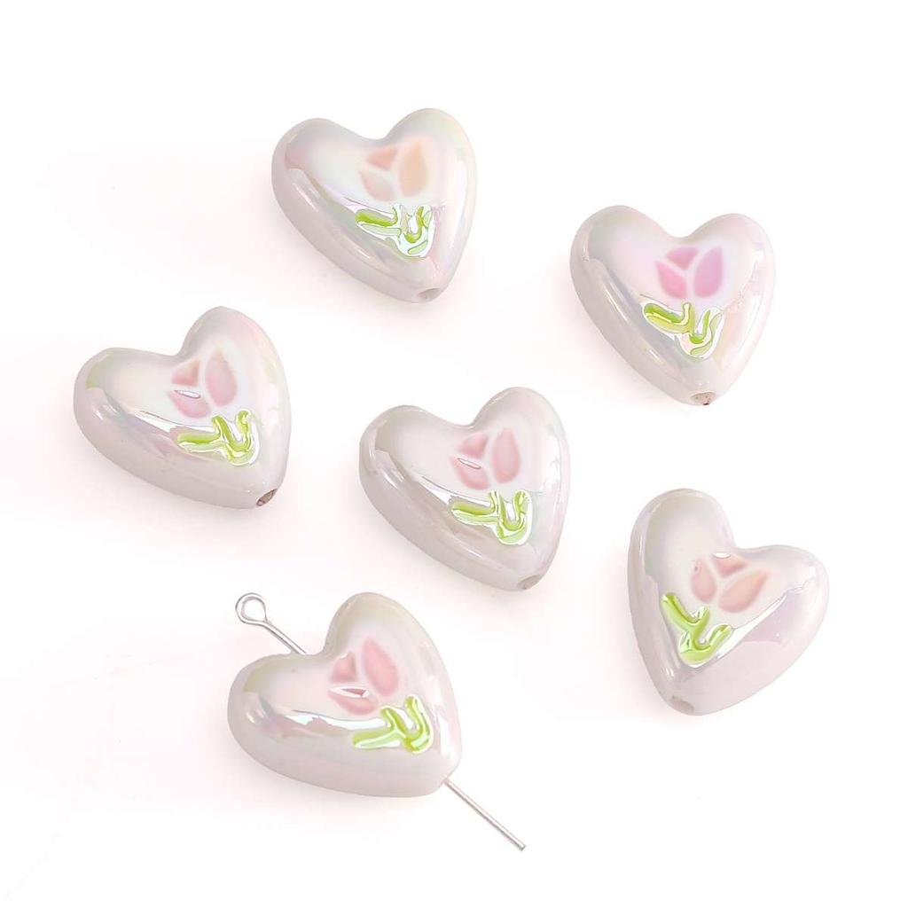2pcs [20x19mm] Tulip Love Heart Beads Cream Peach Heart Acrylic Beads Mobile Phone Chain Backpack Ornaments DIY Accessories
