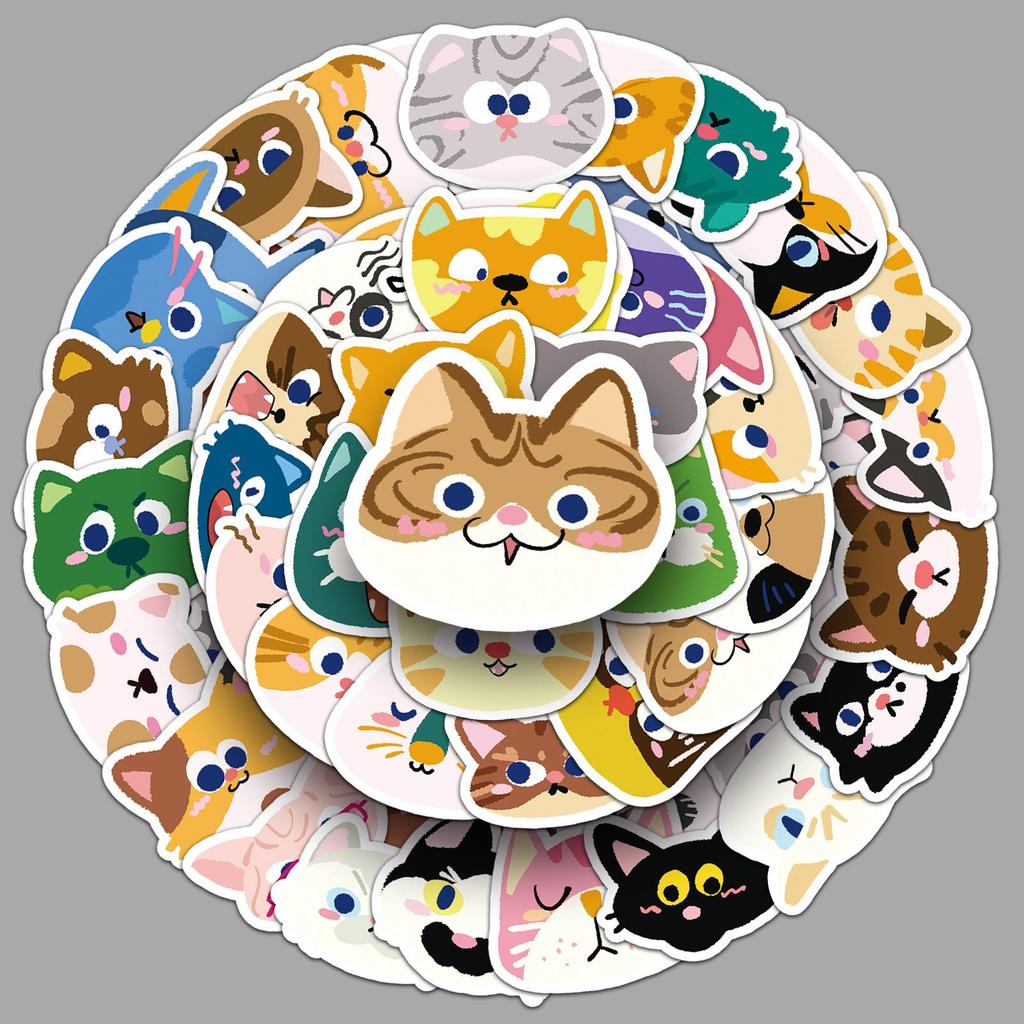 50PCS Cute Cat Head Stickers: Original Cartoon Graffiti Waterproof Decals for Journals and Thermos Cups.