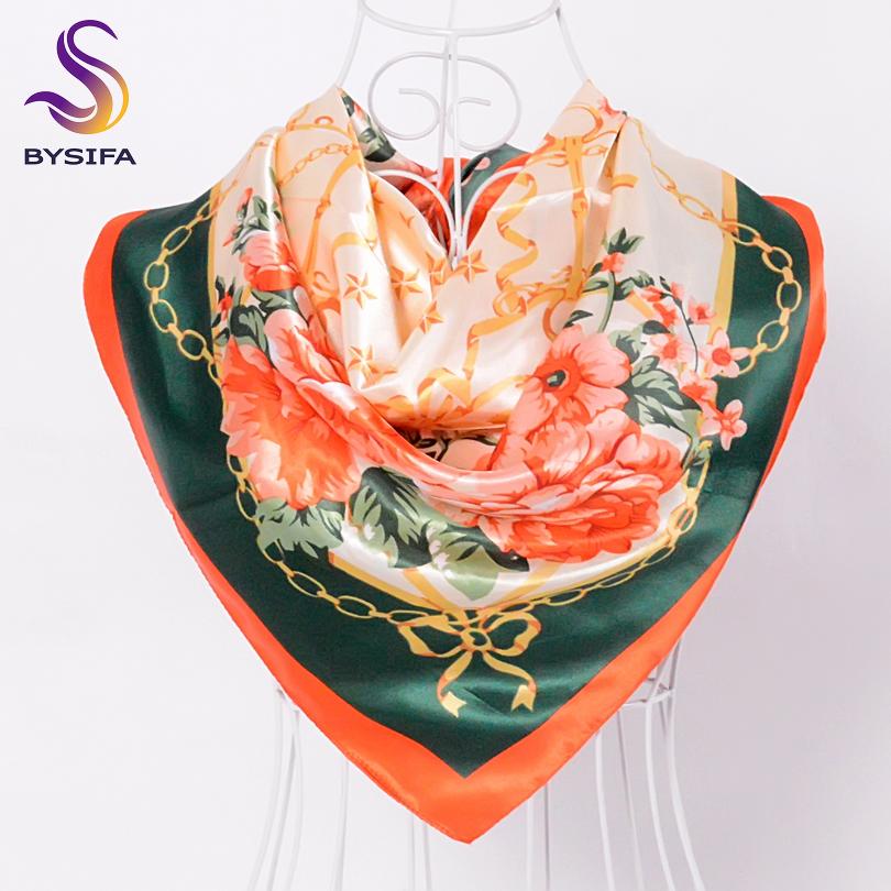 [BYSIFA] China Silk Scarf Shawl For Women  Winter Peony Chain Design Large Square Scarves Wraps Spring Autumn Head Scarves