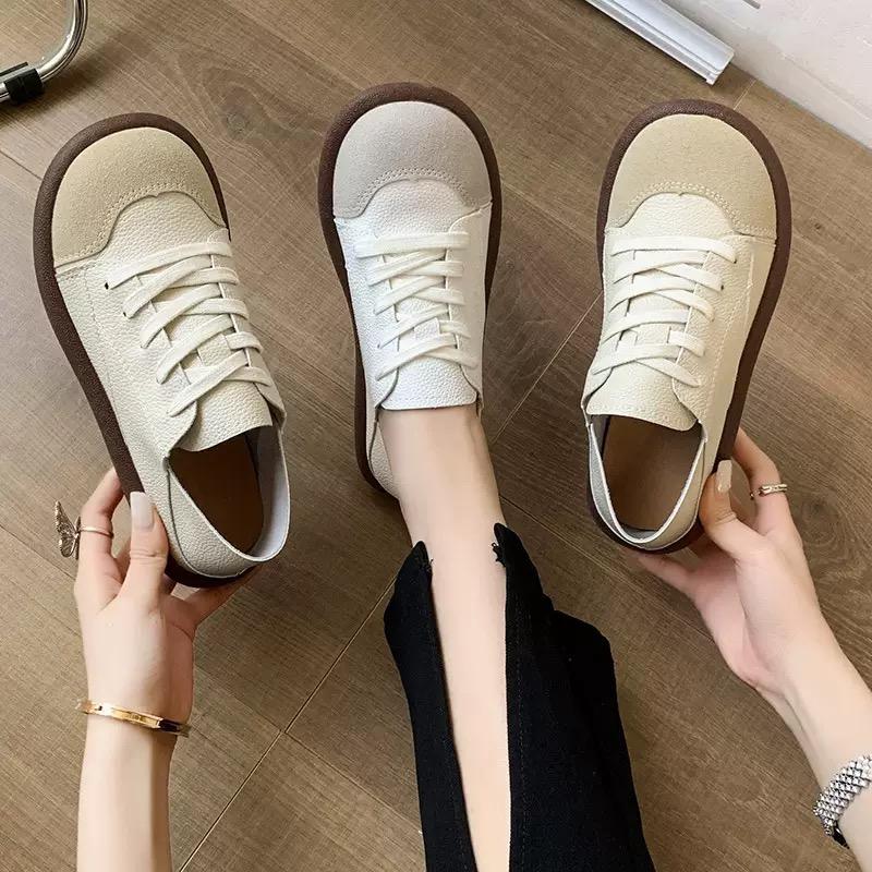 High Quality Casual Soft Leather Shoes for Women Half Slippers Pu Leather Shoe Soft Soled Lace-Up Light Loafers Zapatos De Mujer