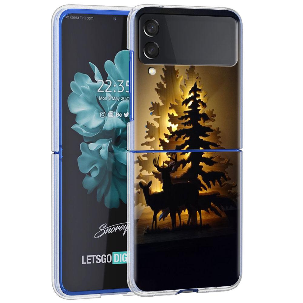 Merry Christmas Tree Deer Case For Samsung Galaxy Z Flip 4 5G Transparent Hard Cell Phone Cover ZFlip Clear PC Luxury Coque