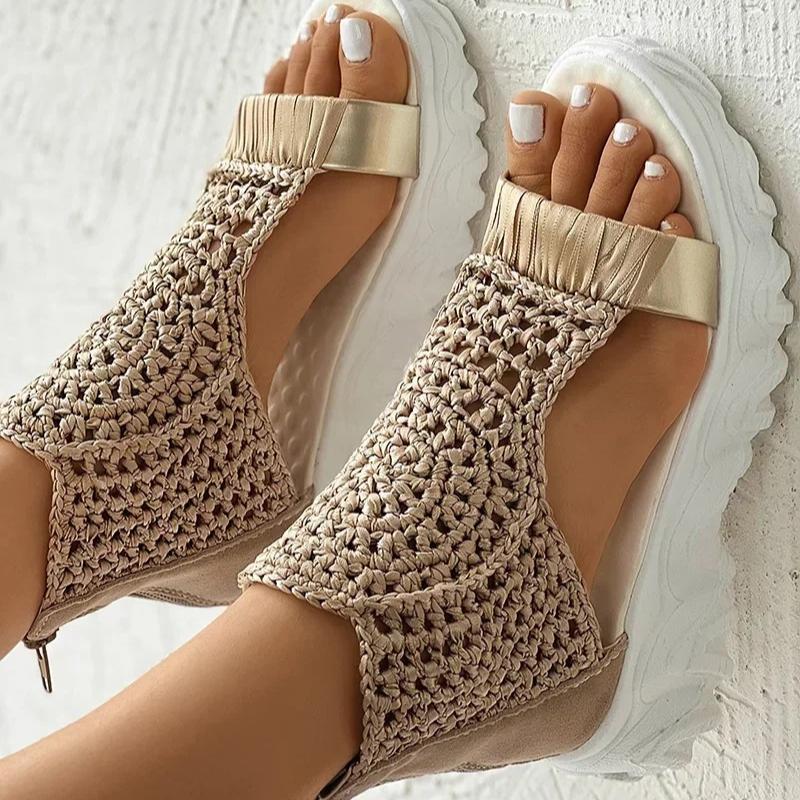 

Bohemia Braided Wedge bottom Sandals Fashion Knitted Elastic Mesh lightweight Female beach vacation back Strap zipper Shoes 40 хакі