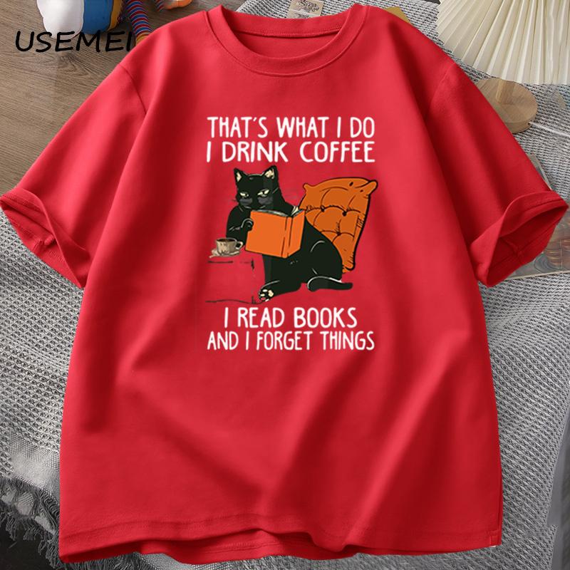 Cute Cat T-shirt for Women Men Books Coffee Cat Print T-shirts Funny Designer Comfortable Male Tee Shirt Male Clothing Shirts
