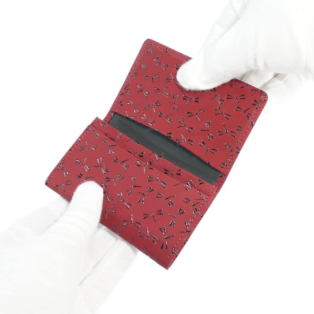 Indenya Inden Business Card Case, Large Capacity, Deerskin Leather, Red with Black Lacquer, Dragonfly Pattern, 2501-03-008