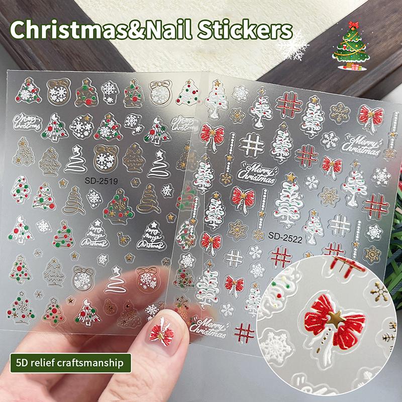 5D Embossed Christmas Nail Stickers Christmas Tree, Snowflakes, Elk, Snowman Nail Decal Autumn Winter Nail Supplies Decoration