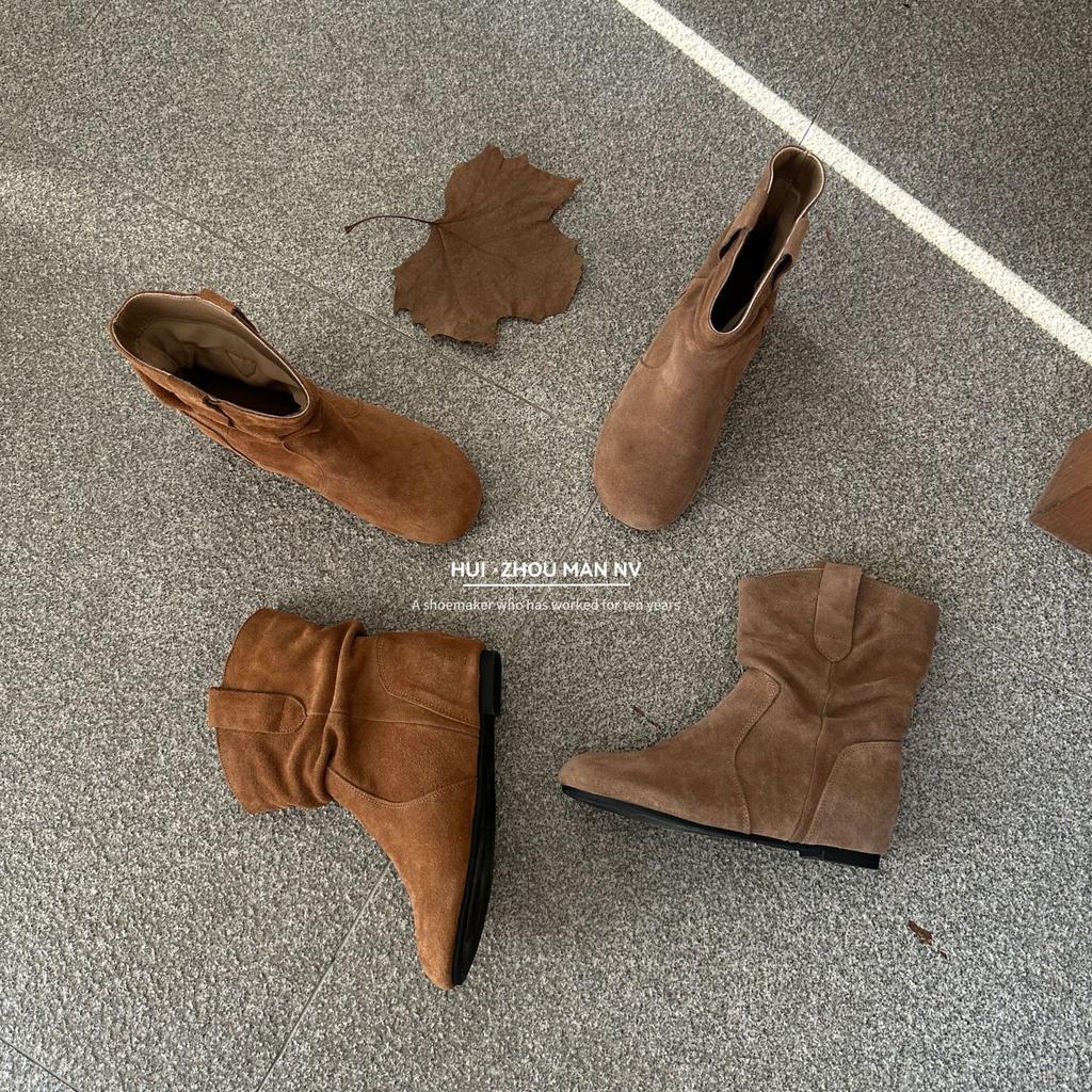 The first layer of cowhide~ genuine leather inner height increase retro short boots women's western Martin boots round head short Birkenstock boots