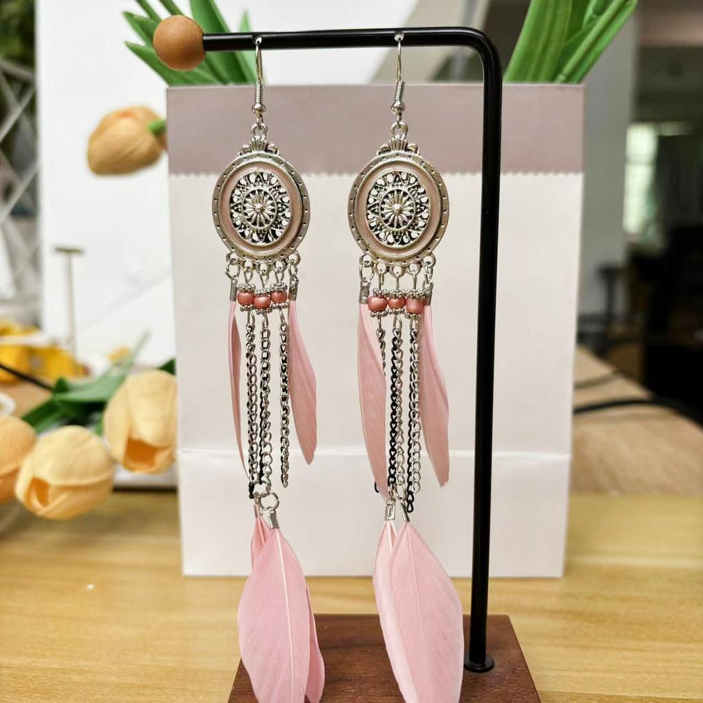 Vintage Bohemian Feather Tassel Earrings Exaggerated Ethnic Vacation Dangle Ear Jewelry Fashion Accessories For Women