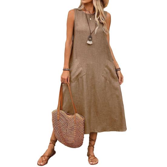 Women's Sleeveless Long Dress Casual Crew Neck Maxi Dress Summer Beach Vacation Shift Sundress with Pockets