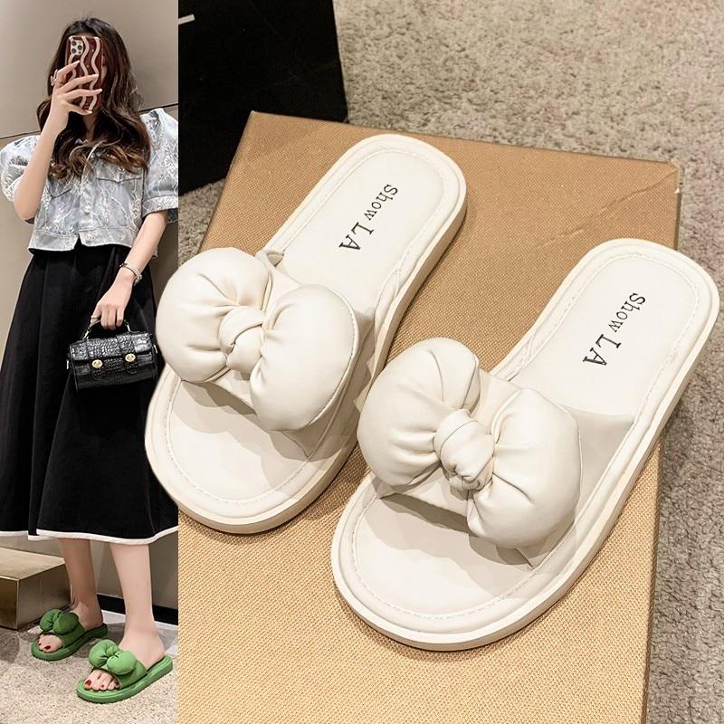 

Fashion Slippers Women Basic Slides Casual Flat Low Heels Shoes for Women Solid Leisure Butterfly Knot Summer Slippers Plus Size