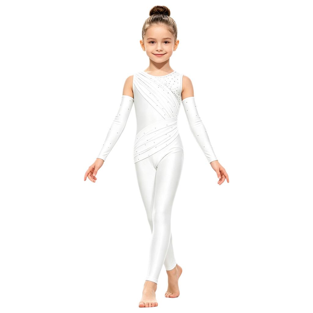 Girls Sparkly Rhinestone Dance Bodysuit Sleeveless U Back Mesh Overlay Ruched with Detachable Arm Sleeves for Gymnastics Competition