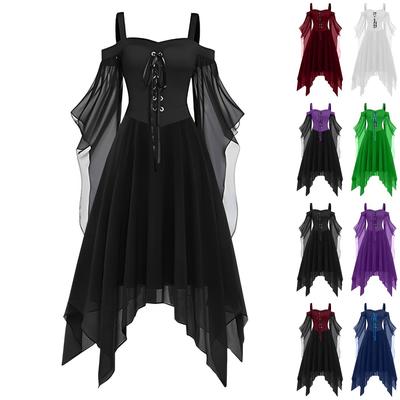 Women Casual Plus Size Cold Shoulder Dress Solid Color Chiffon Butterfly Sleeve Gothic Dress
