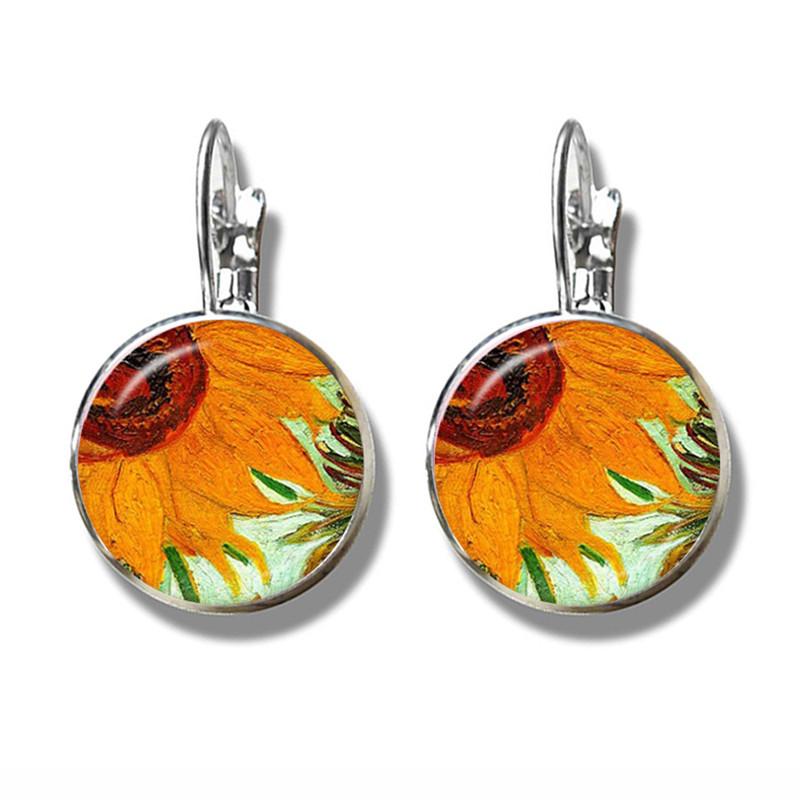Van Gogh Solsikker Kunst Vintage Sølvbelagte Øredobber Glass Cabochon Kuppel Stiftøredobber Zirkon For Kvinner Jenter Gave