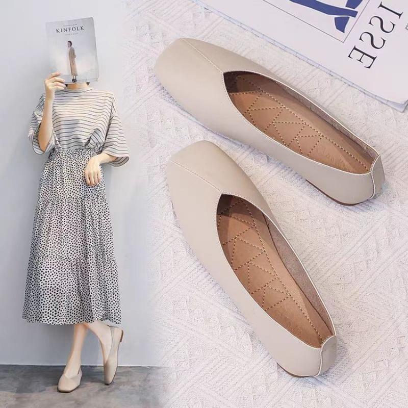 Square Head Flat Sole Single Shoes Women's Shallow Mouth Soft Sole Doudou Shoes Autumn Gentle Wind with Skirt Ladyshoes
