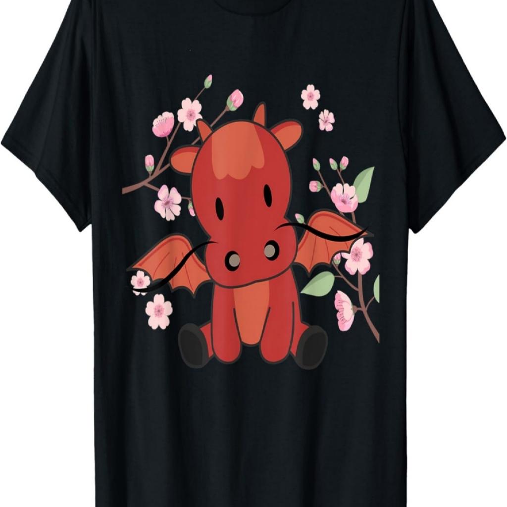 Red Dragon Cute Animals For Kids Kawaii Cherry Blossoms T-Shirt