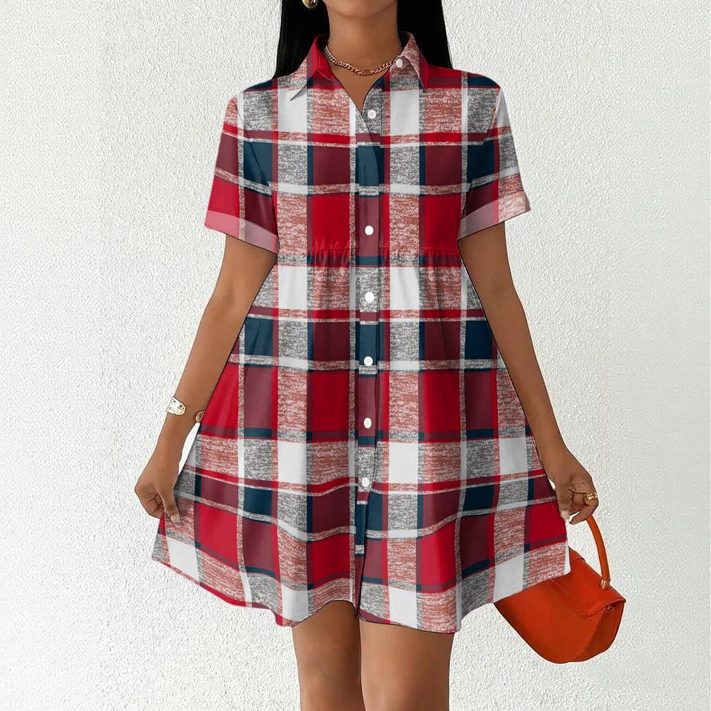 Women’s Casual Loose Fit Shirt Dress Button Front Stand Collar Plaid Pattern Short Sleeve Relaxed Tunic Dress for Daily Wear