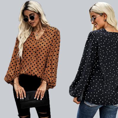 Langärmliges Hemd mit Punktmuster für Damen, V-Ausschnitt, lockere Taille, Laterne, lange Ärmel, lässig, stilvoll, schlicht, dünnes Hemd, atmungsaktiv, leichter Pullover, Plus-Top