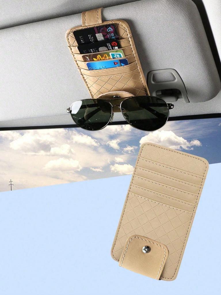 1Pc Car Sun Visor PU Leather Organizer - Multifunctional Sunglasses & Card Holder, Velcro Design, Universal Fit.