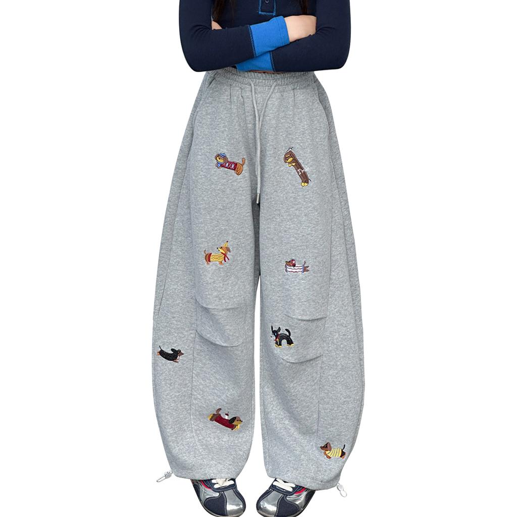 Children's Embroidered Puppy Loose,Fit Bucket,Shaped Sweatpants Casual Elastic Waist Drawstring Unisex Wide,Leg Pants Long Trousers Sweatpants