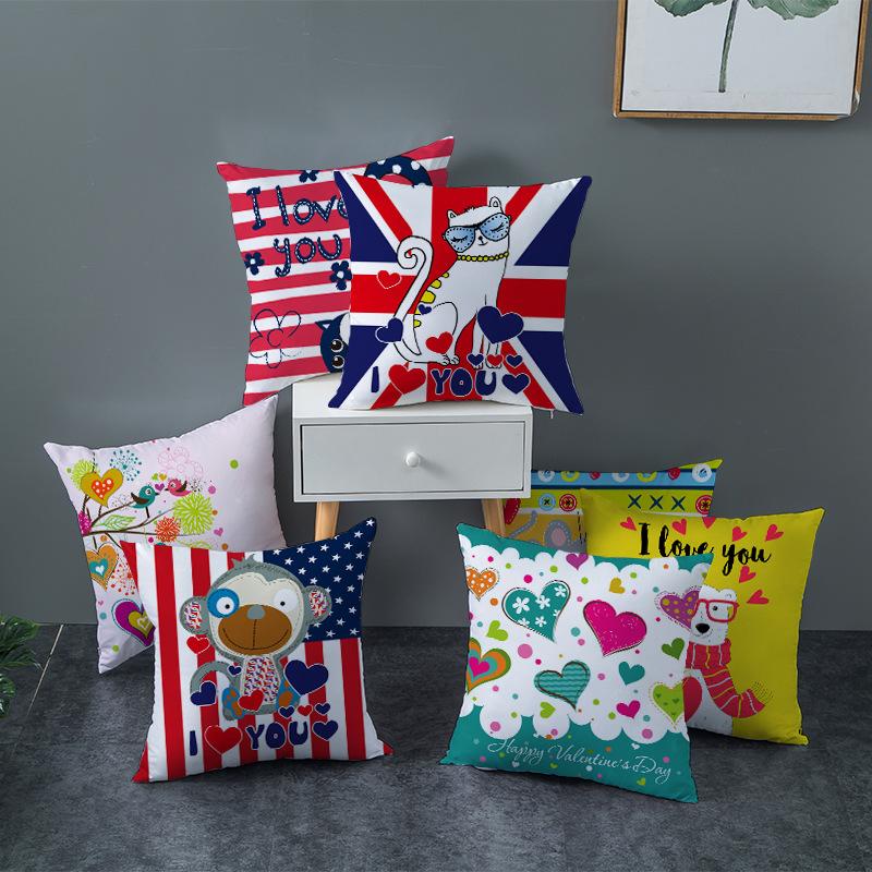 Cartoon Print Series Valentine's Day Peach Skin Pillow Cover Home Fabric Square Cushion Cover