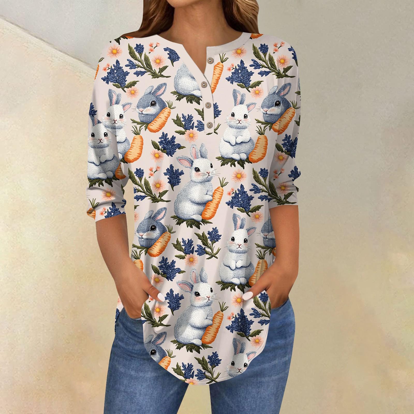

Женский модный повседневный топ с рукавами 3/4 и принтом пасхального кролика и воротником на пуговицах XXXL тёмно-синий