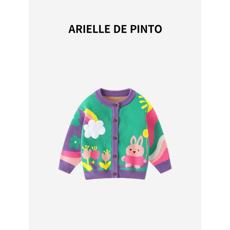 French Arielle De Pinto Girls' Sweater Spring and Autumn Korean Style Floral Rainbow Rabbit Cardigan Sweet Coat