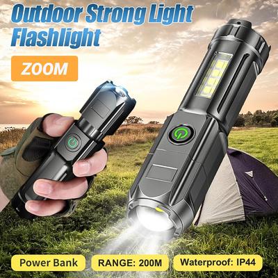 Hochleistungs-LED-Taschenlampe Superhell Wiederaufladbare Zoom-Taschenlampe mit COB-Seitenlichtern Outdoor-Camping Nachtfischen Laterne