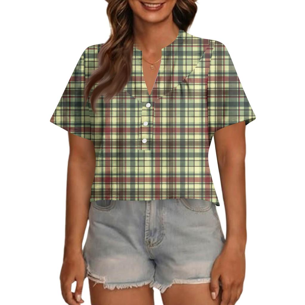 Women's Fashionable Casual V Neck Button Up Oversized Short Sleeve Printed Top