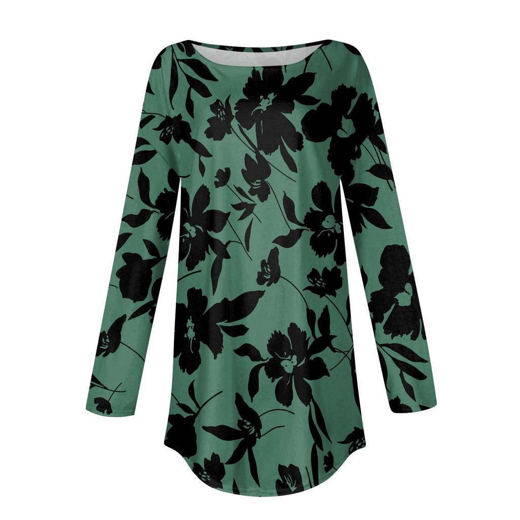 Women's Loose Casual Flower Printed Round Neck Long Sleeved T Shirt Top Pullover Long Sleeved Sweatshirt